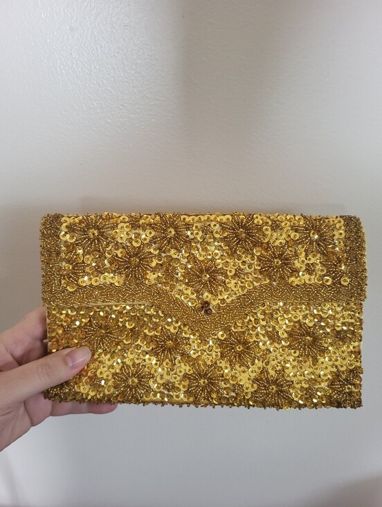 Vintage Handbags - Vintage Richere Gold Sequin Beaded Clutch Bag Hong Kong 1960s
